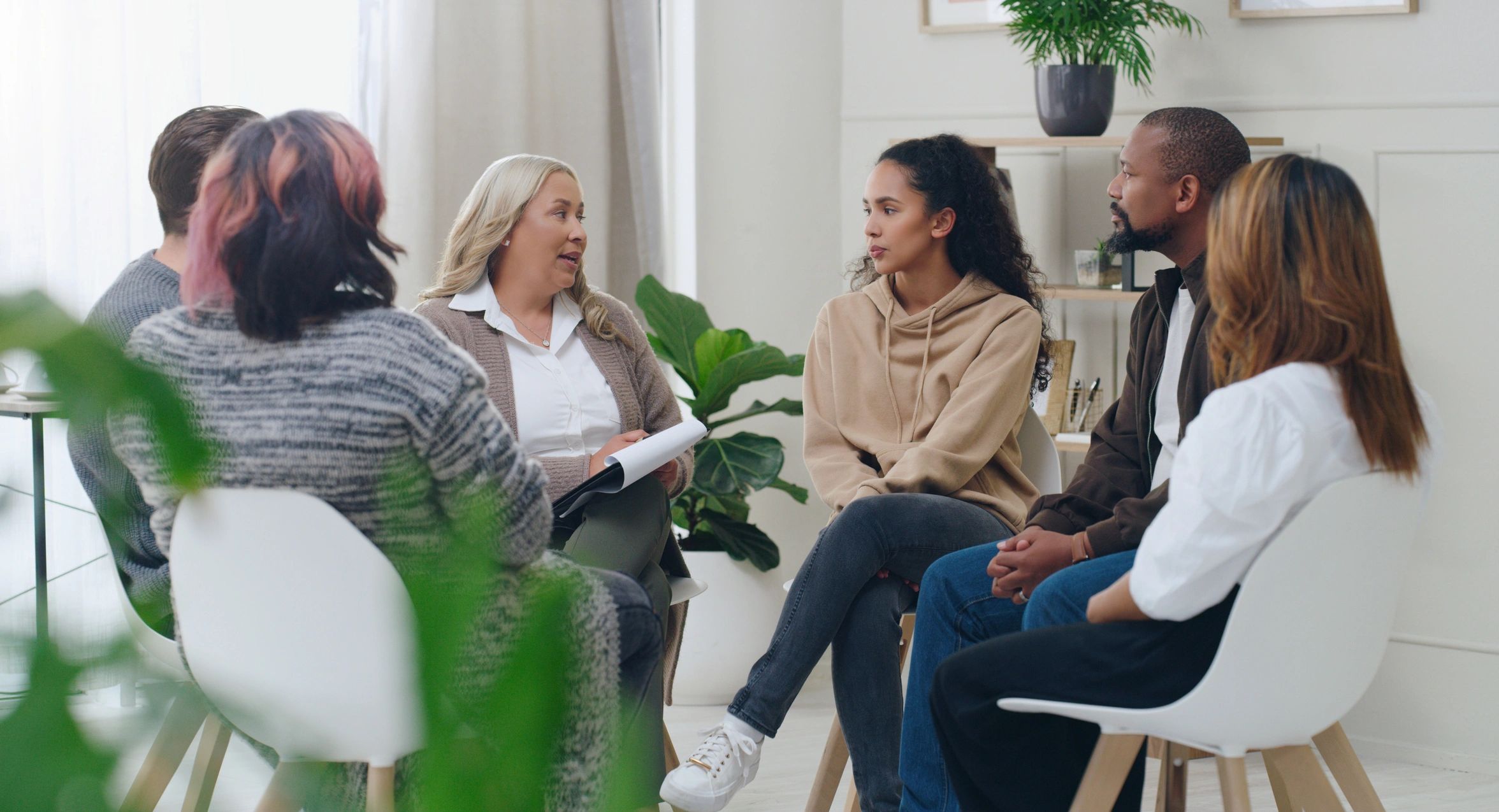 CBT therapy session, mental health support, group therapy, well-being
